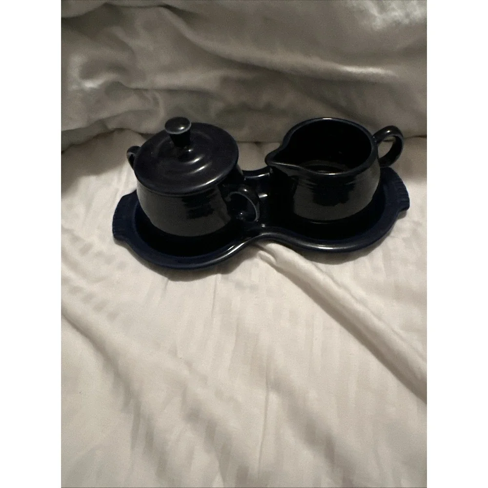 Fiestaware Cobalt Blue Creamer Sugar Bowl Lid Tray Set Homer Laughlin Post 1986